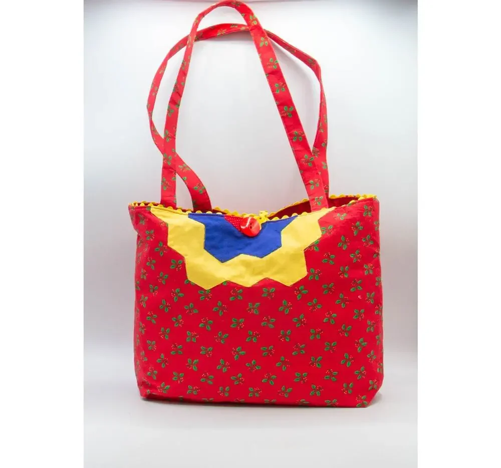 Handmade Red Tote Bag Colorful Christmas Patchwork Shoulder Bag Festive Work Bag